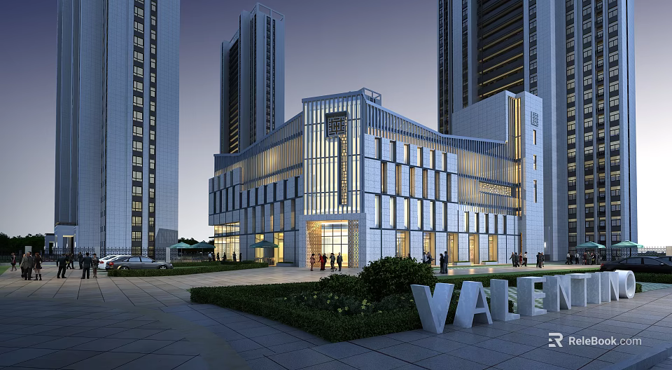 Modern Commercial Complex With Glass Facade And Plaza Surrounded By High-Rise Buildings 3d model 