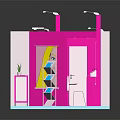 Modern Exhibition Booth Design With Pink Blue Decor Display Shelves Tables And Posters