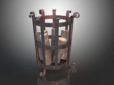 Rustic Metal Firewood Storage Basket with Ornate Handles for Home Fireplace Use 3d model