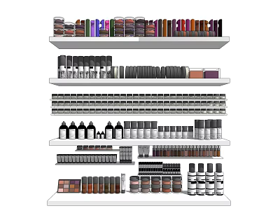 Neatly Arranged Perfume Cosmetics On Multiple Shelves With Bottles Jars And Makeup Items 3d model