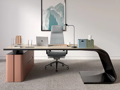 Modern Office Desk With Laptop Desk Lamp Folders Drawer Cabinet And Ergonomic Chair 3d model