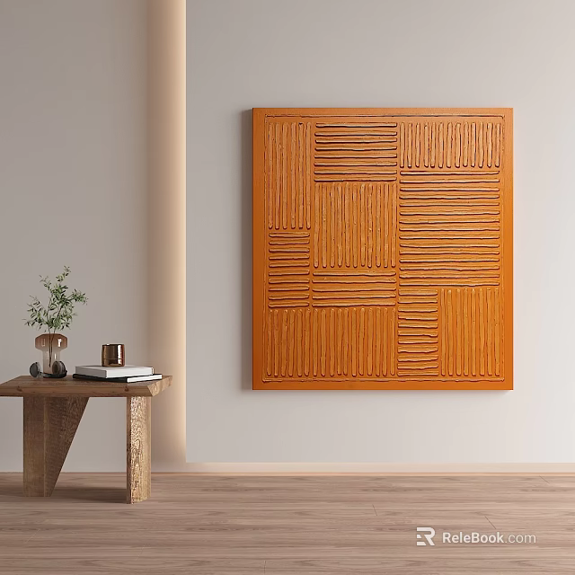 Orange Wooden Decorative Panel With Geometric Patterns On Wall Near Side Table 3d model