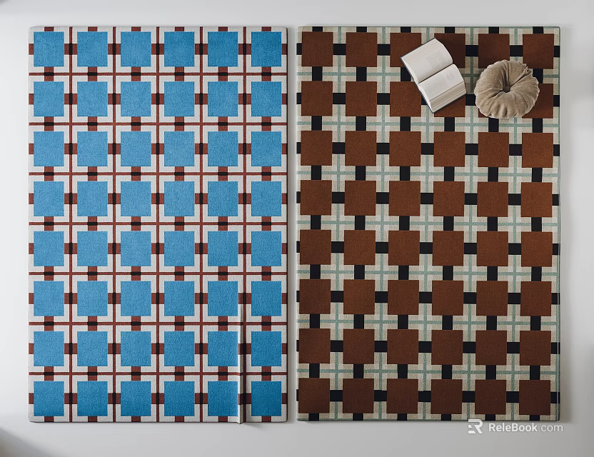 Square Rugs With Blue White Brown Checkered Patterns And Decorative Book Ornament For Interior Decor 3d model 