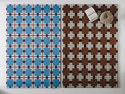 Square Rugs With Blue White Brown Checkered Patterns And Decorative Book Ornament For Interior Decor 3d model