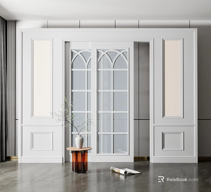 White Sliding Doors With Glass Panels And Plant On Side Table In Modern Interior 3d model 