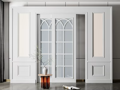 White Sliding Doors With Glass Panels And Plant On Side Table In Modern Interior 3d model