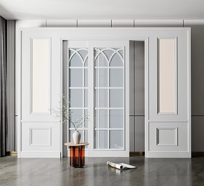 White Sliding Doors With Glass Panels And Plant On Side Table In Modern Interior 3d model