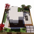 Courtyard Garden With Wooden Fence Outdoor Dining Table And Green Lawn