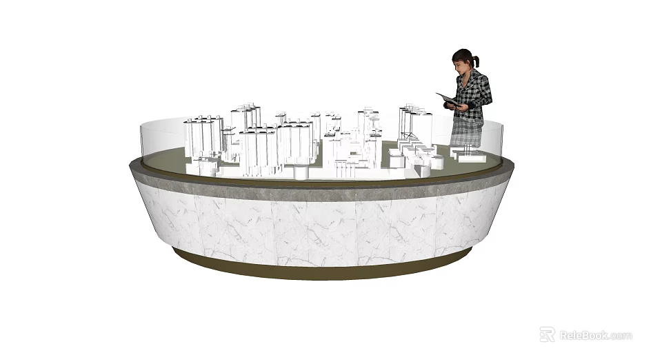 Circular Commercial Display Stand with Building Models and Person Examining 3d model 