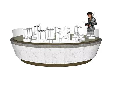 Circular Commercial Display Stand with Building Models and Person Examining 3d model