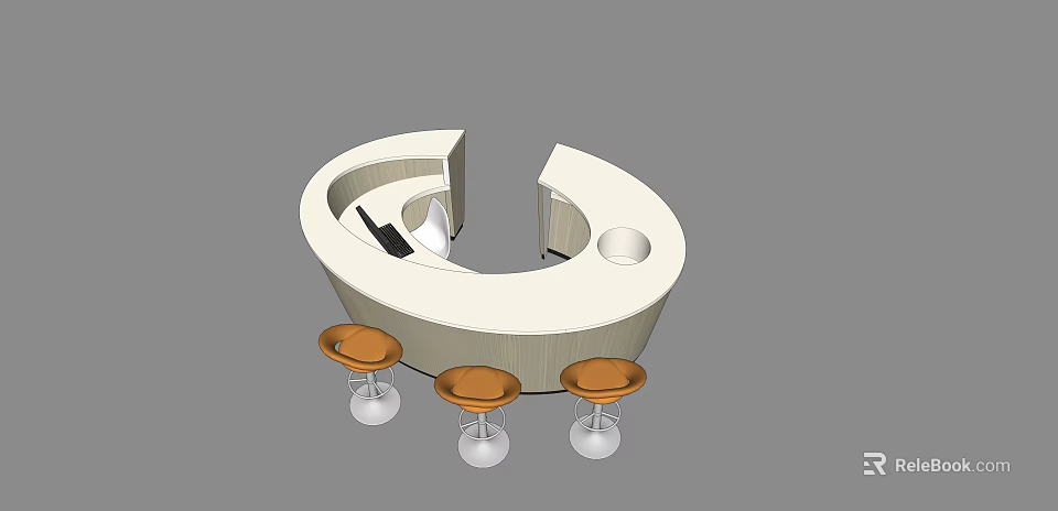 Modern Circular Bar Counter With White Top And Orange Stools Transparent Bases 3d model 