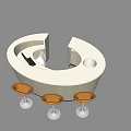 Modern Circular Bar Counter With White Top And Orange Stools Transparent Bases
