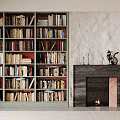 Built In Green Bookcases Filled With Colorful Books Near Stone Fireplace With Decor