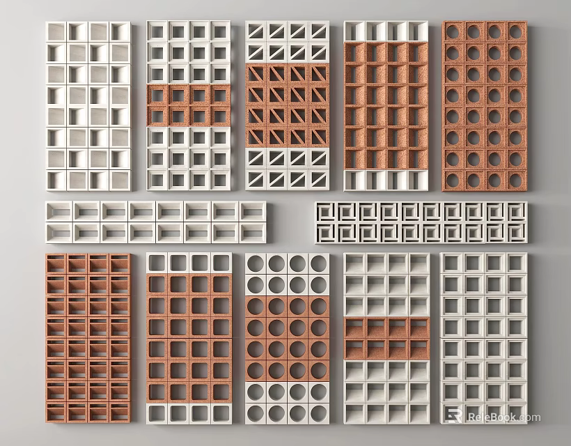 Modular Building Panels with Various Geometric Cutout Patterns White and Brown for Architectural Design 3d model