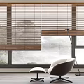 Wooden Window Blinds in Modern Interior with Chair Ottoman Floor Lamp and Misty View