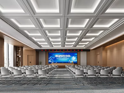 Spacious Lecture Hall With Well Arranged Gray Seats Large Screen And Modern Ceiling Design 3d model