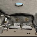 Minimalist Hotel Room Interior With Twin Beds Wooden Furniture And Arched Window