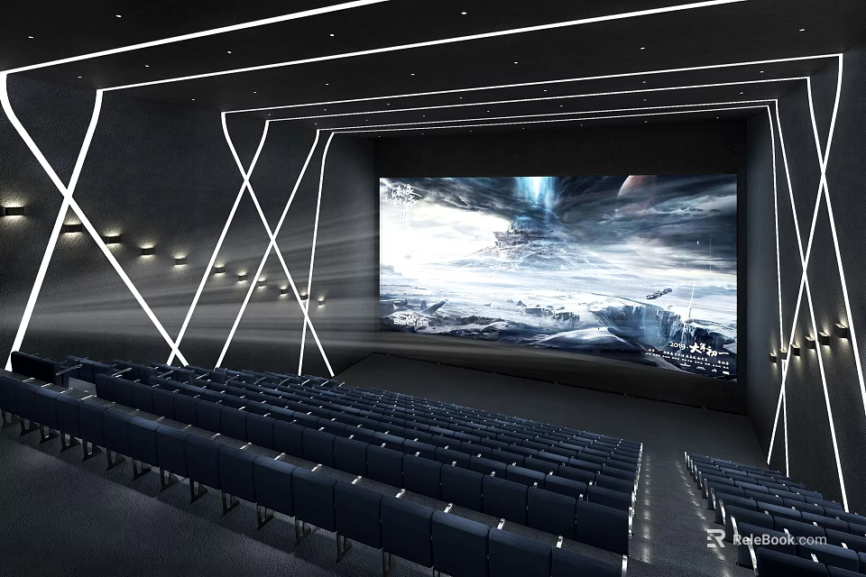 Modern Cinema Interior With Large Screen Comfortable Seats And Stylish Lighting 3d model 
