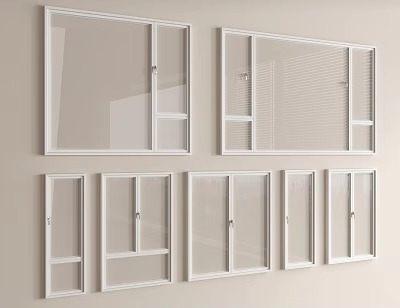 White Frame Glass Window Designs With Transparent Panels And Blinds Styles 3d model