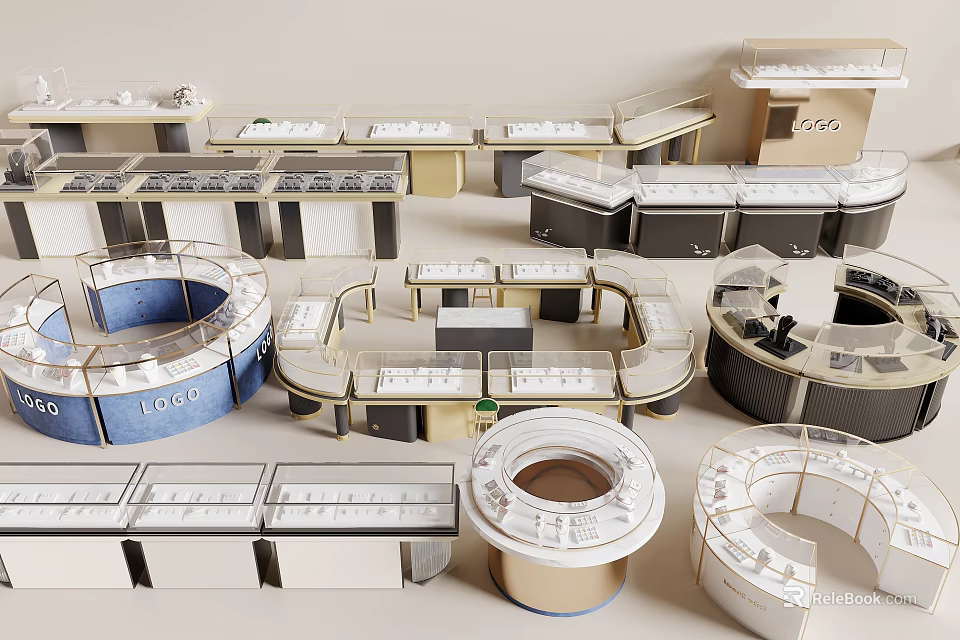 Modern Jewelry Store With Elegant Glass Display Counters And Gold White Interior Layout 3d model 