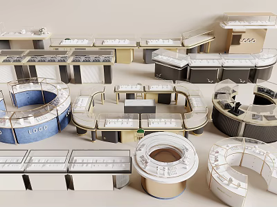 Modern Jewelry Store With Elegant Glass Display Counters And Gold White Interior Layout 3d model