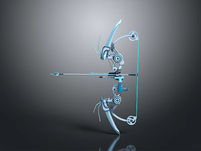 Mechanical Bow 3D Model With Blue Silver Accents And Dark Reflective Background 3d model