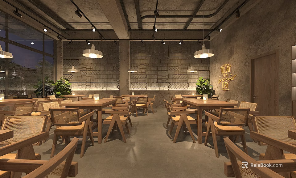 Industrial Style Restaurant Interior With Wooden Tables Chairs And Hanging Pendant Lights 3d model 