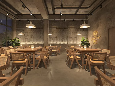 Industrial Style Restaurant Interior With Wooden Tables Chairs And Hanging Pendant Lights 3d model