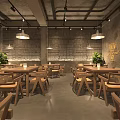 Industrial Style Restaurant Interior With Wooden Tables Chairs And Hanging Pendant Lights