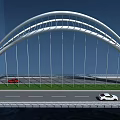 Modern White Arched Bridge With Cars On Deck And Blue Sky Background