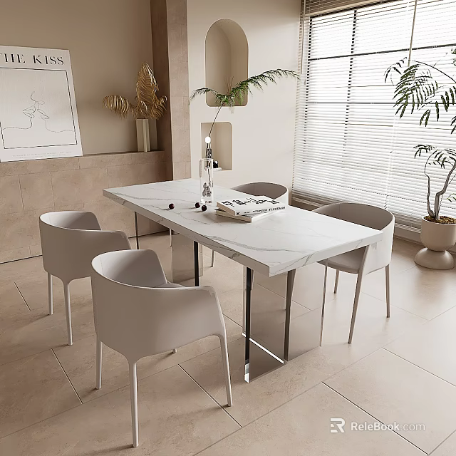 Modern Minimalist Dining Table Set With White Marble Top And Light Colored Chairs 3d model 