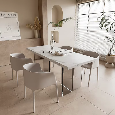 Modern Minimalist Dining Table Set With White Marble Top And Light Colored Chairs 3d model