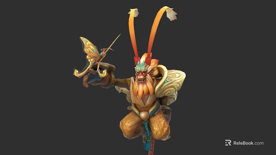 Mythical Character With Butterfly Creature Ornate Headdress Golden Staff And Feather Decorations 3d model 
