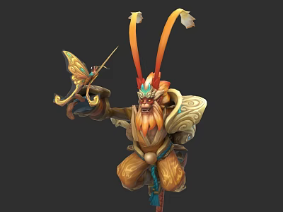 Mythical Character With Butterfly Creature Ornate Headdress Golden Staff And Feather Decorations 3d model