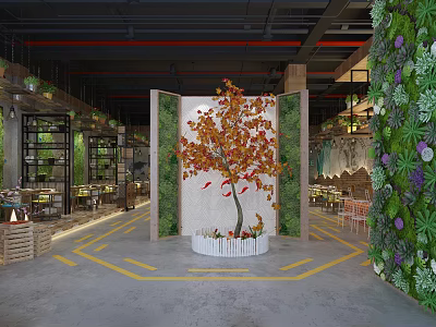 Modern Hotpot Restaurant With Green Plant Wall Decorative Tree And Modern Dining Interior 3d model