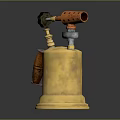 Golden Brass Blowtorch With Orange Nozzle Brown Handle And Metal Base Design