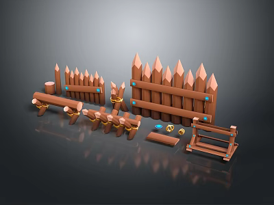 3D Rendered Wooden Fence Components With Pointed Tops Posts Benches And Ring Decorations 3d model