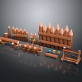 3D Rendered Wooden Fence Components With Pointed Tops Posts Benches And Ring Decorations