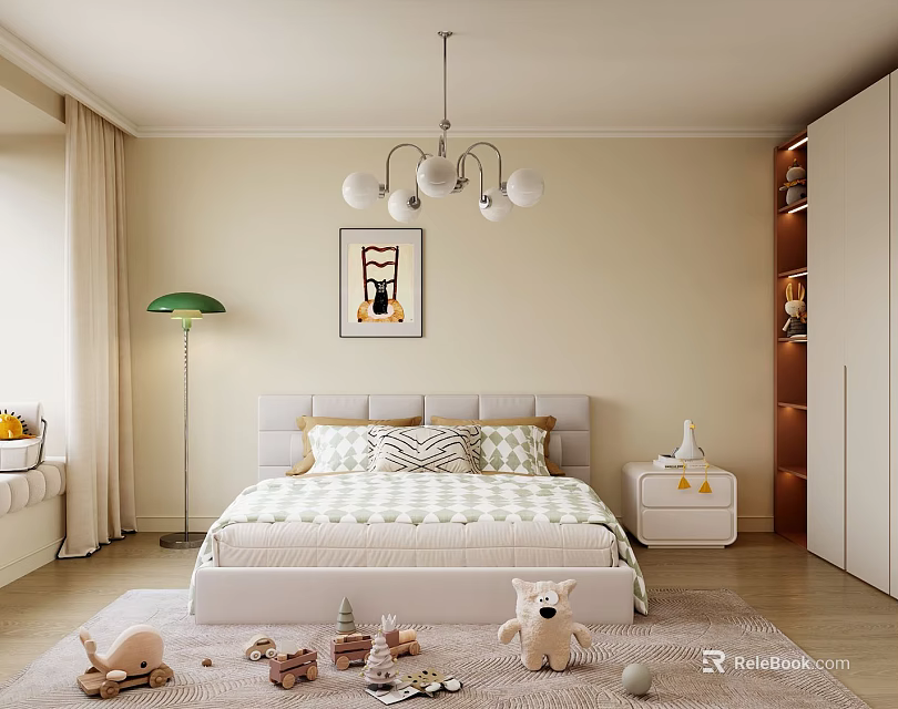 Cozy Kids Bedroom Interior Design With Chandelier Toys Bed Rug And Floor Lamp 3d model 