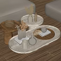 Modern Marble Coffee Table With Vases Dried Plants Wooden Tray And Books On Sofa Side
