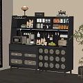 Gray Sideboard With Drawers Cabinets Open Shelves Microwave Coffee Maker Cups Jars Near Window Plant