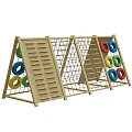 Wooden Playground Equipment With Climbing Net Colorful Rings And Slatted Panels
