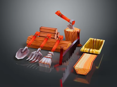 Woodworking Tools Collection Featuring Axe Saw Shovel Rake Broom Wooden Box Stump Trough And Plank 3d model
