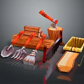 Woodworking Tools Collection Featuring Axe Saw Shovel Rake Broom Wooden Box Stump Trough And Plank