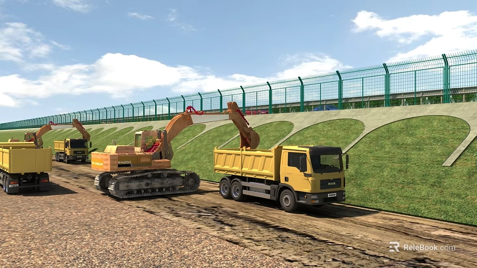 Active Construction Site With Excavator Dump Truck Green Fence And Grass Slope 3d model 