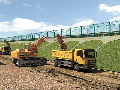 Active Construction Site With Excavator Dump Truck Green Fence And Grass Slope 3d model