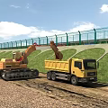 Active Construction Site With Excavator Dump Truck Green Fence And Grass Slope