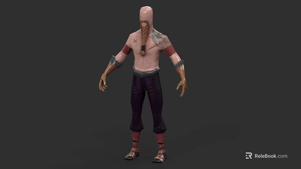 Bald Head Game Movie Character With Bare Chest Red Arm Bands Dark Pants And Sandals 3d model 