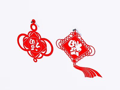 Chinese Traditional Red Wall Decor With Fu Character And Hanging Tassels 3d model