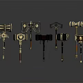Different Styles Of Ornate Metallic Hammer Designs With Detailed Decorative Handles And Intricate Details
